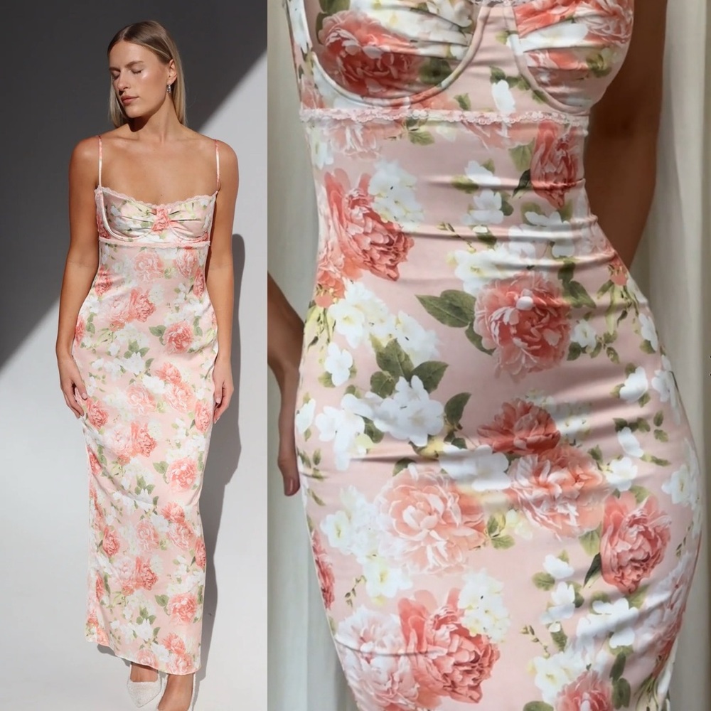 House of CB L D-DD Josefina Pink Peony Print Satin Maxi Dress NWOT